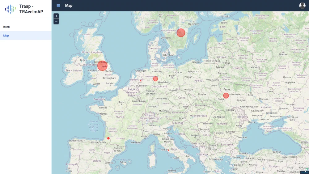 This picture shows the eventual map of Traap which displays circles of different sizes based on how long the user stayed at the location.